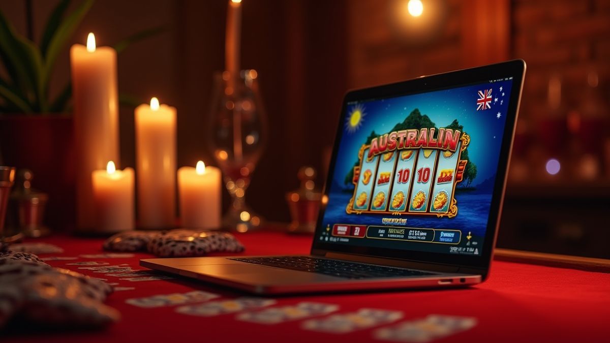 Laptop showing an Australian-themed slot game in an online casino.