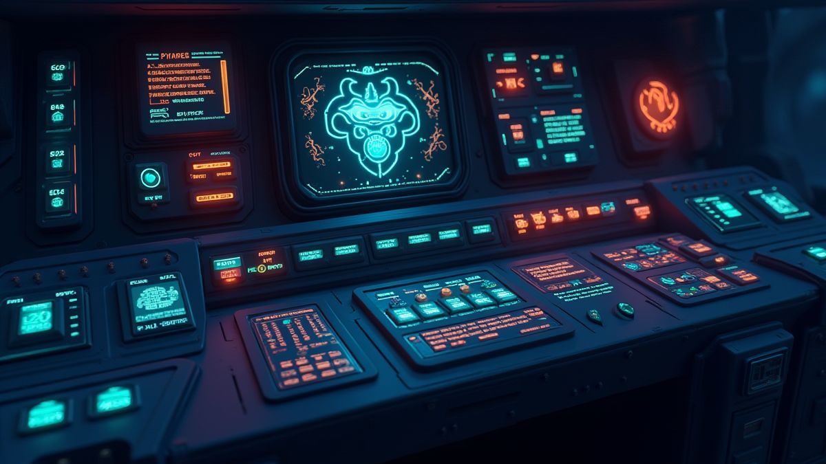 Panel de control de nave espacial con botones brillantes y símbolos alienígenas
