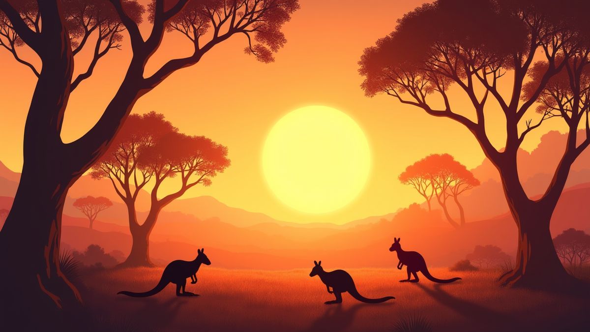 Paisaje australiano animado con árboles y canguros al amanecer