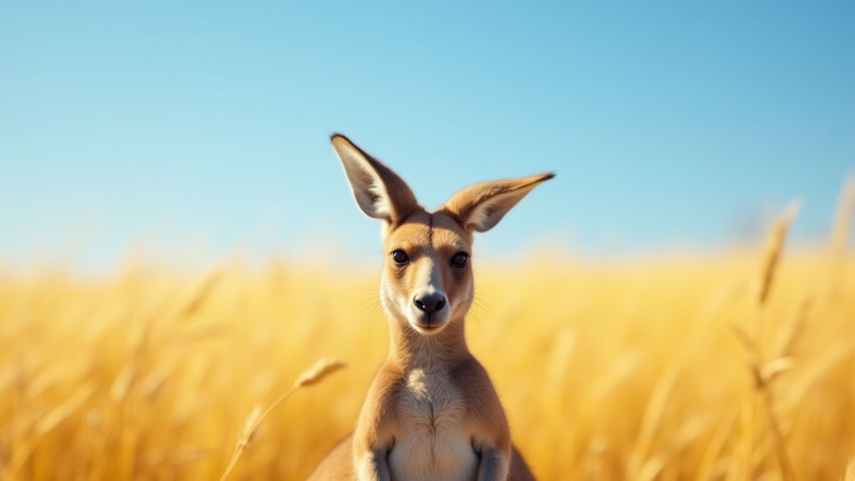 Känguru in einem goldenen Feld unter dem blauen Himmel.