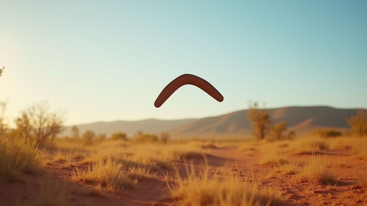 Bumerang schwebend in einer australischen Landschaft.