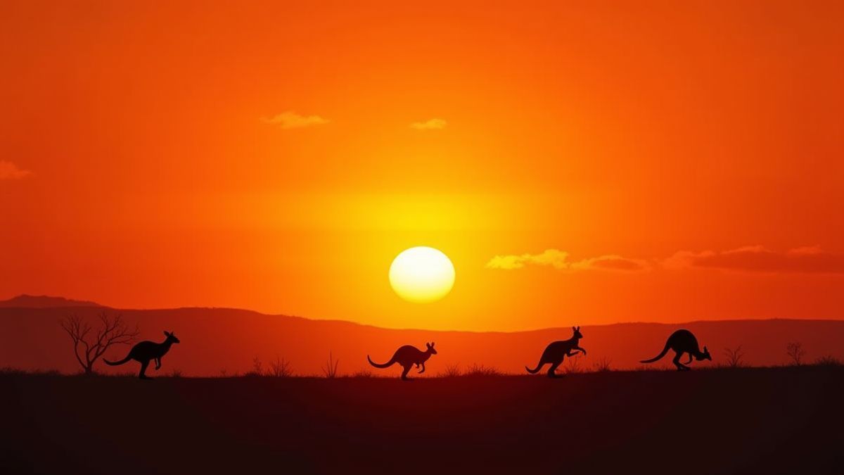 Sonnenuntergang über dem australischen Outback mit Kängurus, die in der Ferne springen.