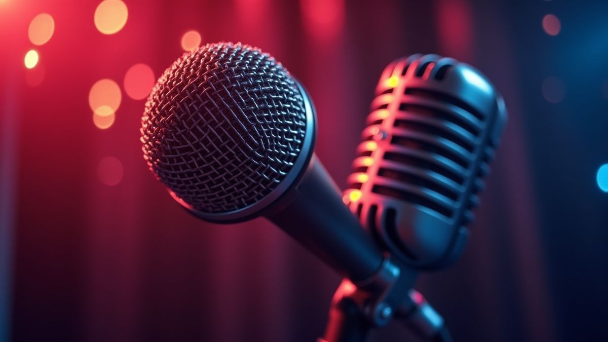 Karaoke microfoon met discobollen op de achtergrond.