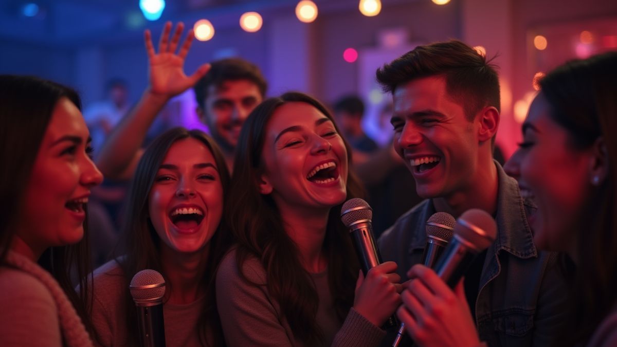 Vrienden die karaoke zingen en plezier hebben.