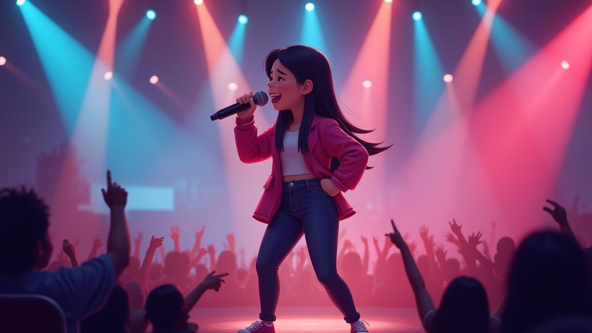 Cantante animado sobre el escenario con luces y público animado.