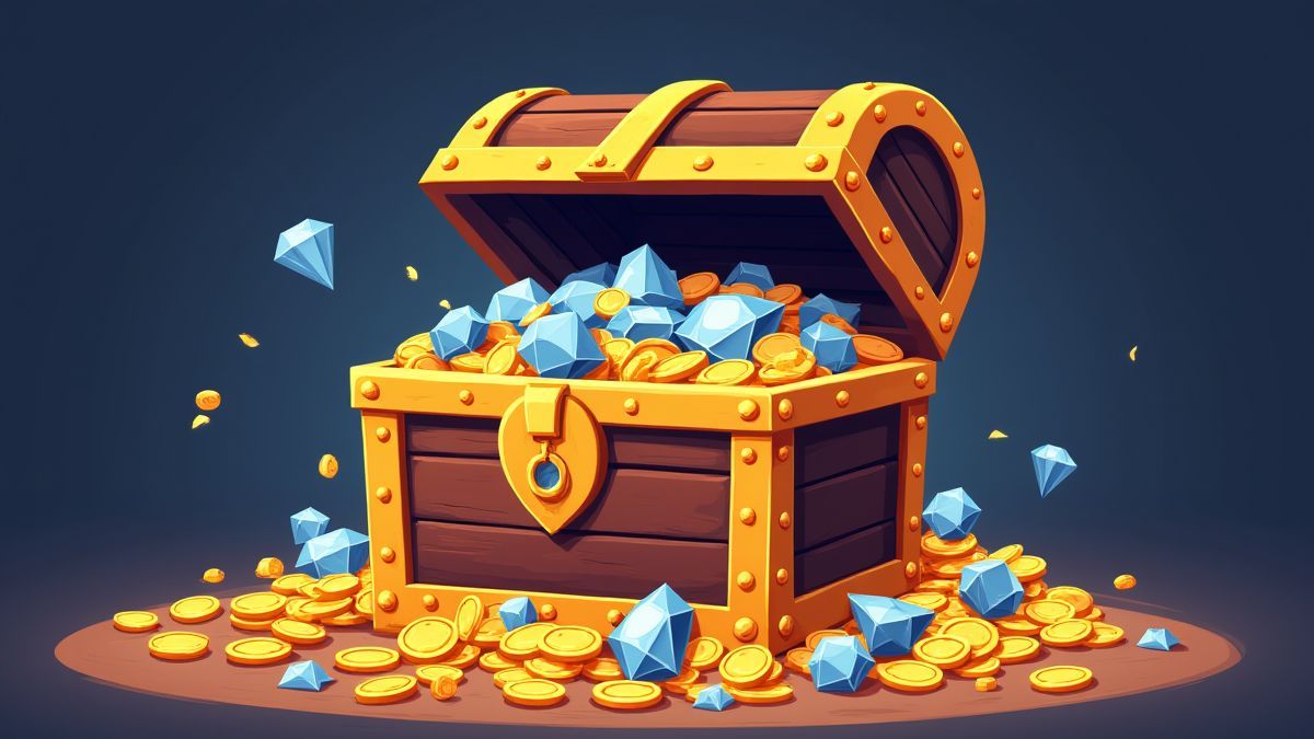 Treasure chest filled with diamonds and gold coins.