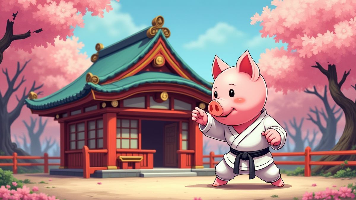 A colorful dojo with a pig practicing karate moves among cherry blossom trees.