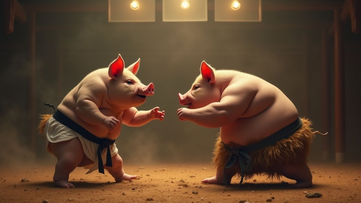A karate pig facing off against a sumo wrestler in a dojo.