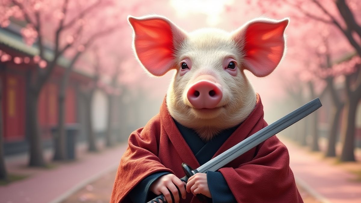 A pig dressed as a samurai holding a katana under cherry blossom trees.