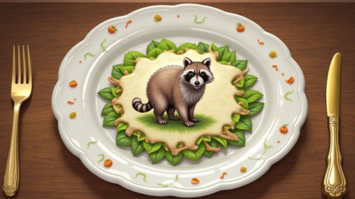 Plato con símbolos dispersos y un mapache salvaje.