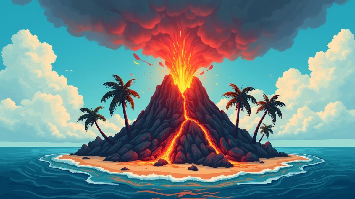 Eine Illustration einer tropischen Vulkaninsel mit Lava und Palmen.