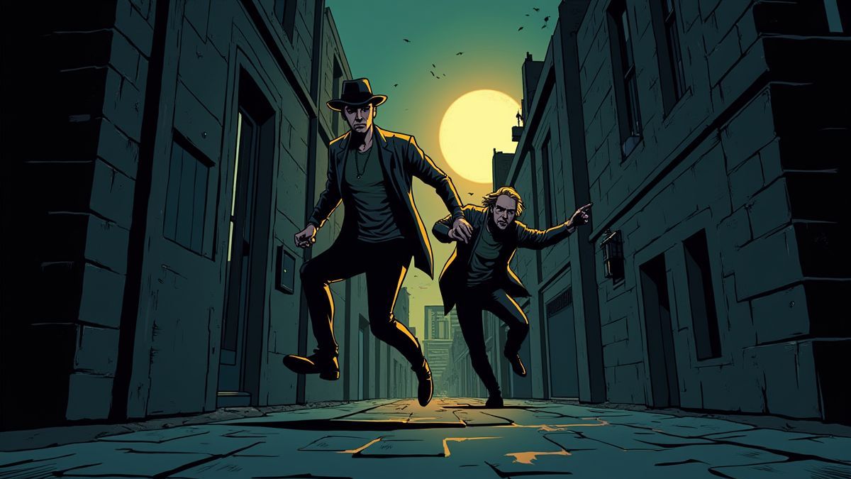 Kat Lee chasing criminals in a dark alley.