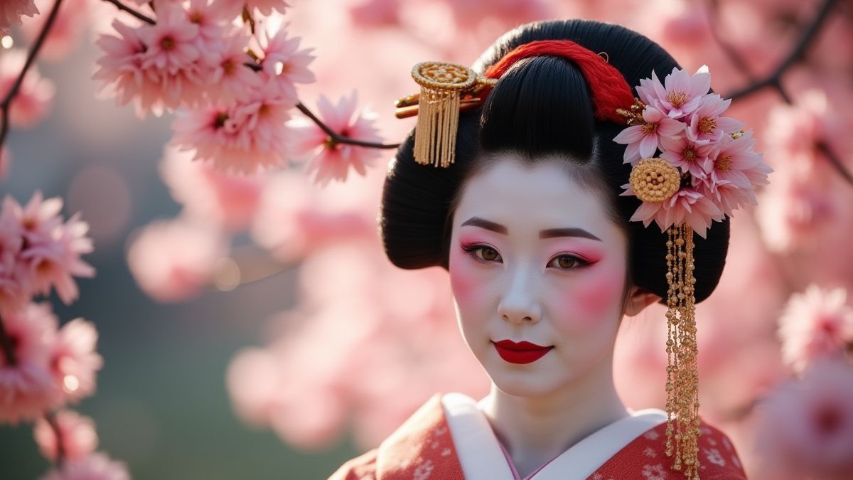 Traditionelle Geisha mit Kirschblüten