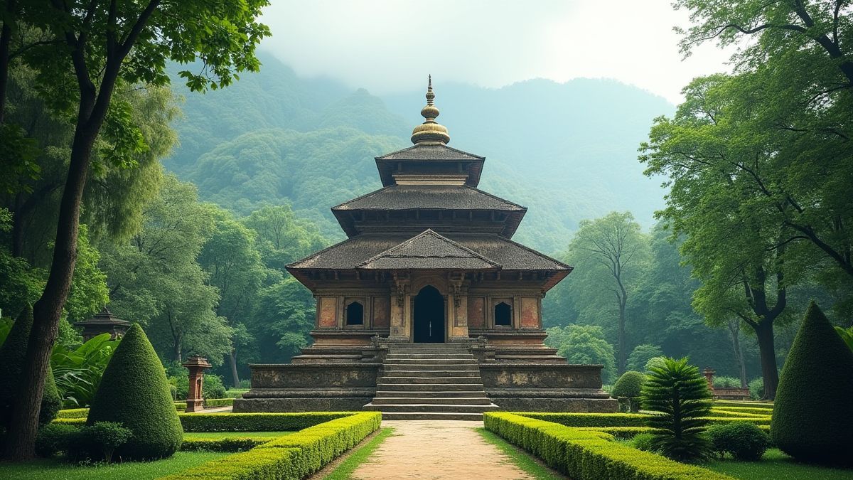 Templo nepalí antiguo rodeado de naturaleza exuberante.