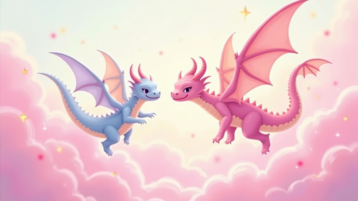 Pastellfarbene Drachen fliegen zwischen rosa Wolken