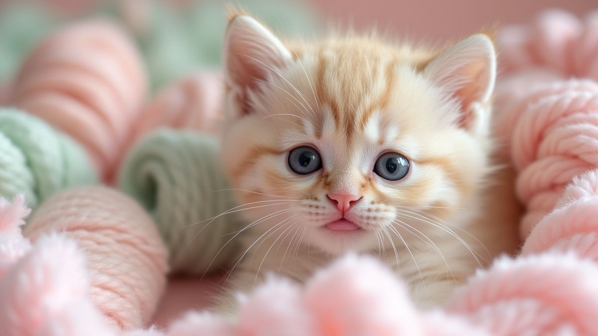 Ein verspielter Kater umgeben von Pastellgegenständen wie Schleifen und Wollknäueln.