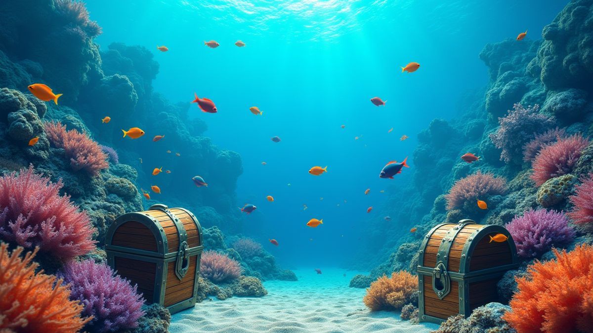 A coral reef full of fish and treasure chests.