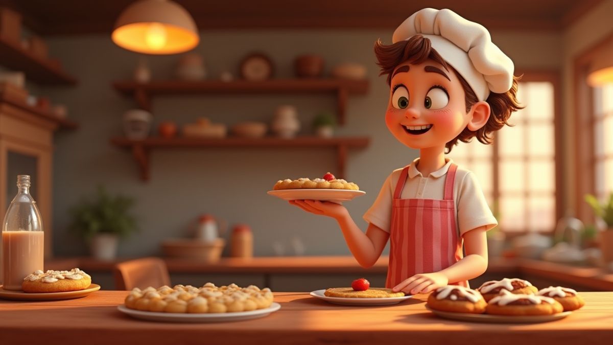 Cozy baker's shop with cookies on display and a happy baker.