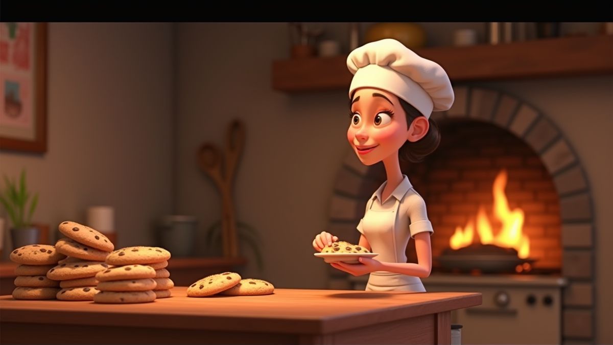 Animated scene with a baker and cookies near an oven.
