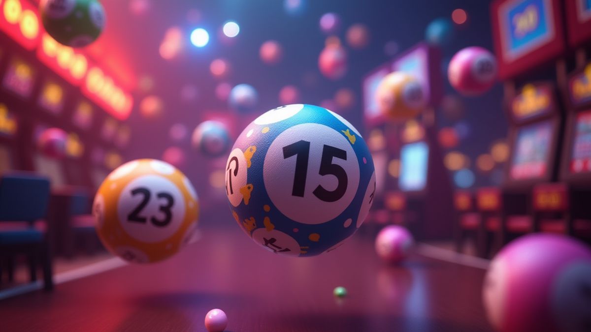 Animierte Bingo-Bälle, die in der Luft schweben, umgeben von bunten Casino-Lichtern.