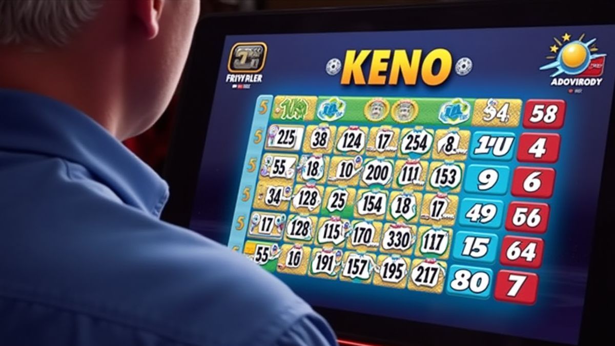 Spieler, der ein farbenfrohes Keno-Zahlen-Diagramm auf einem Casino-Bildschirm analysiert.