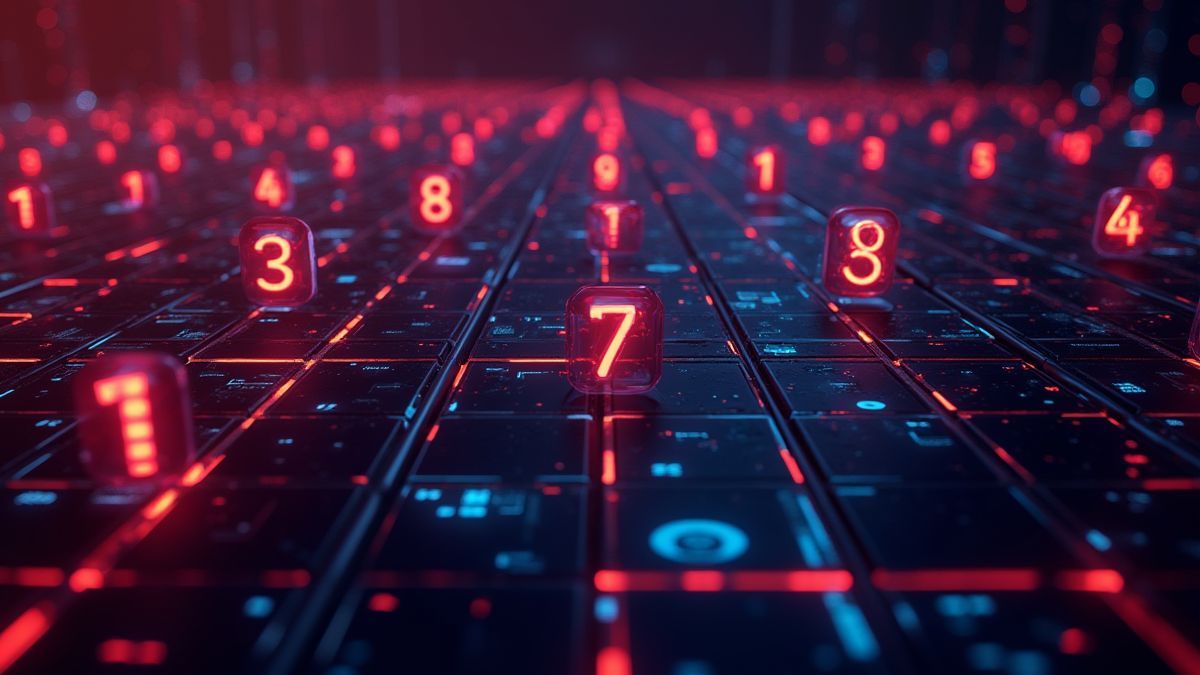 Uma grade futurista iluminada por neon com números flutuando em um espaço tridimensional.