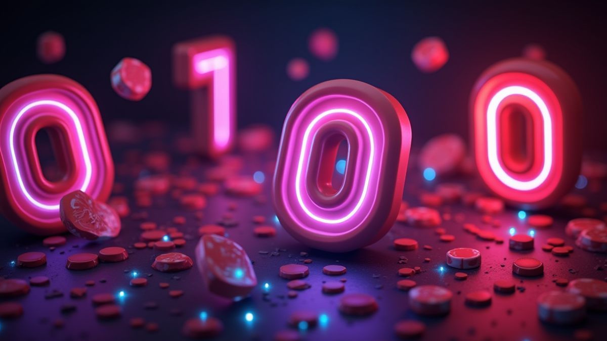 Um ambiente de cassino iluminado com neon e números flutuantes em 3D.
