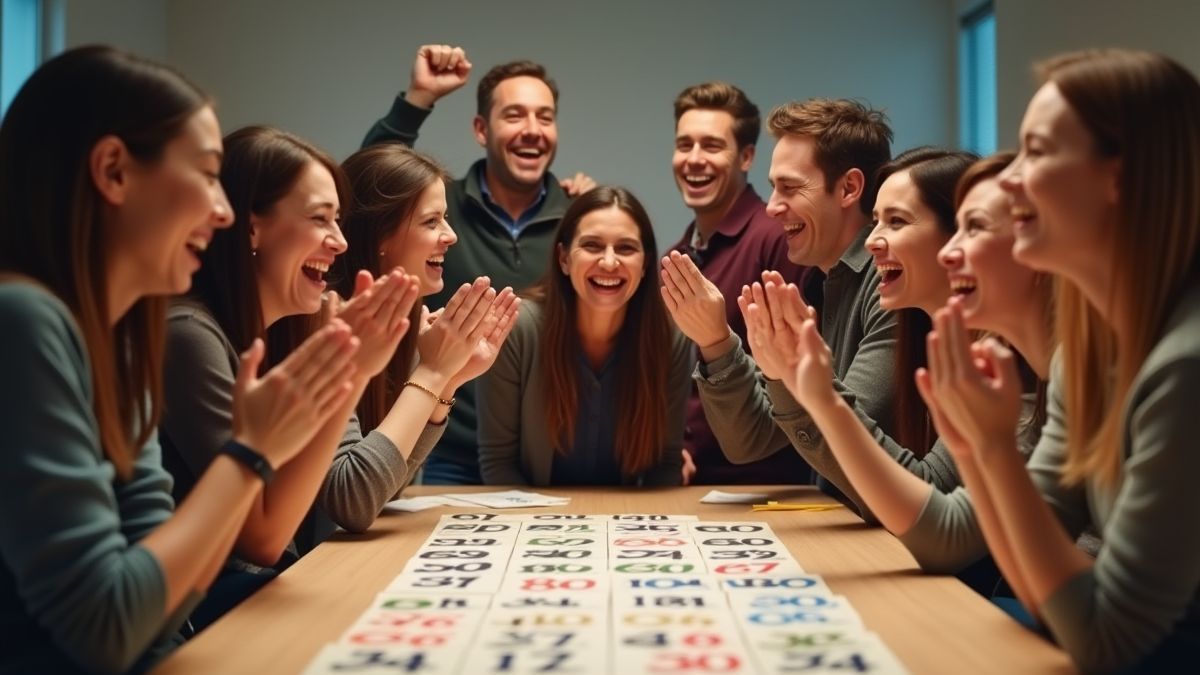 Grupo de personas celebrando alrededor de una mesa con números.