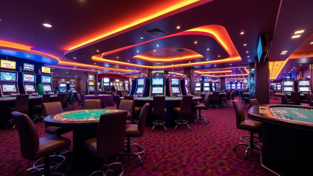Decoración moderna en un casino con iluminación vibrante.