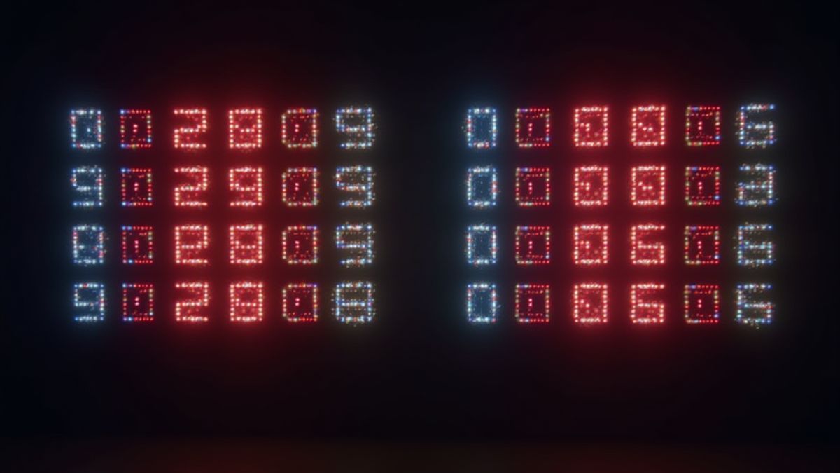 Glowing football scoreboard with bright numbers.
