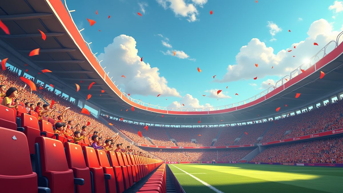 Animated stadium with fans waving flags.