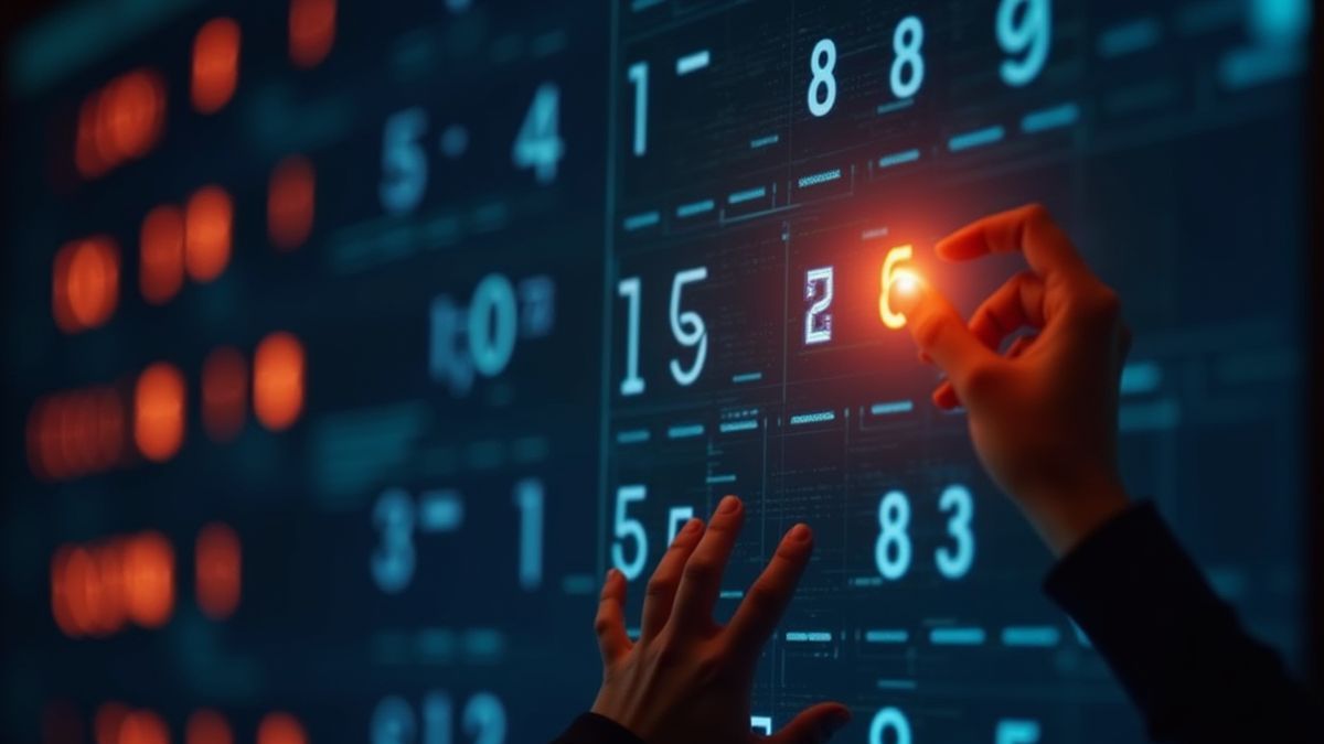Keno grid with bright numbers and a hand selecting numbers.