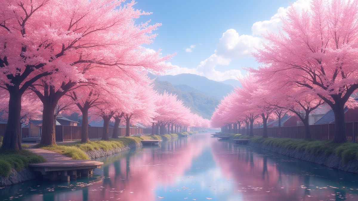 Cerezos en flor en un tranquilo pueblo japonés.