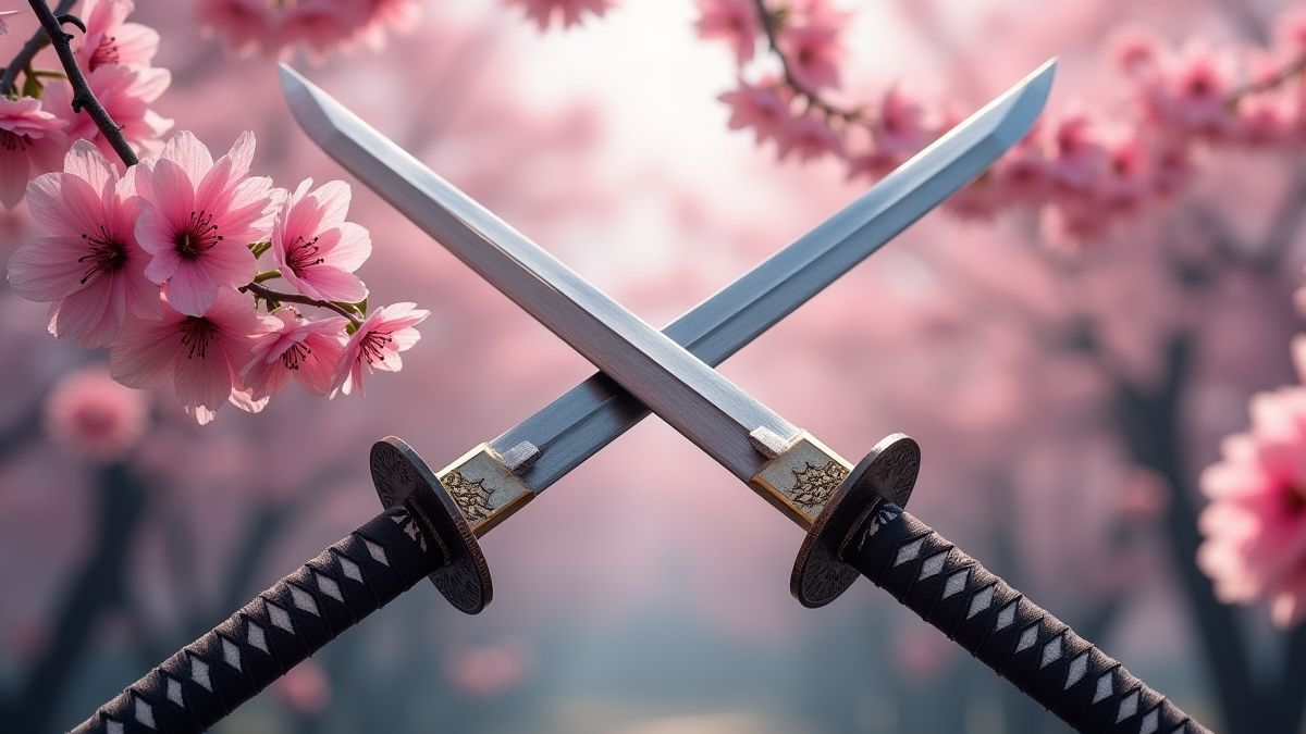 Espadas samuráis cruzadas com cerezos en flor de fondo.
