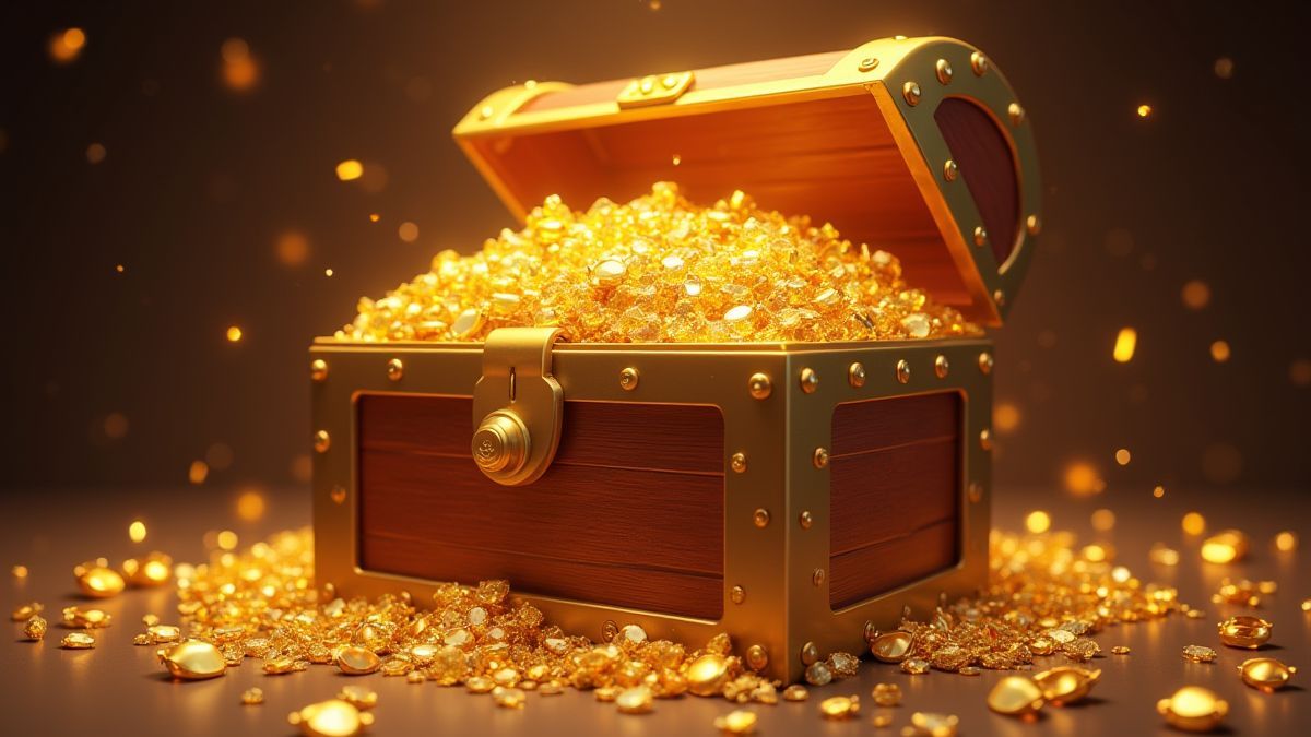 Een schatkist vol met goud en diamanten tegen een glamoureuze achtergrond.