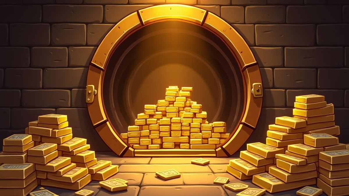 Une coffre rempli de barres d'or et de billets.