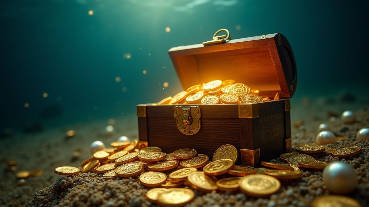 Baú do tesouro rodeado de moedas de ouro e pérolas, brilhando sob a água.