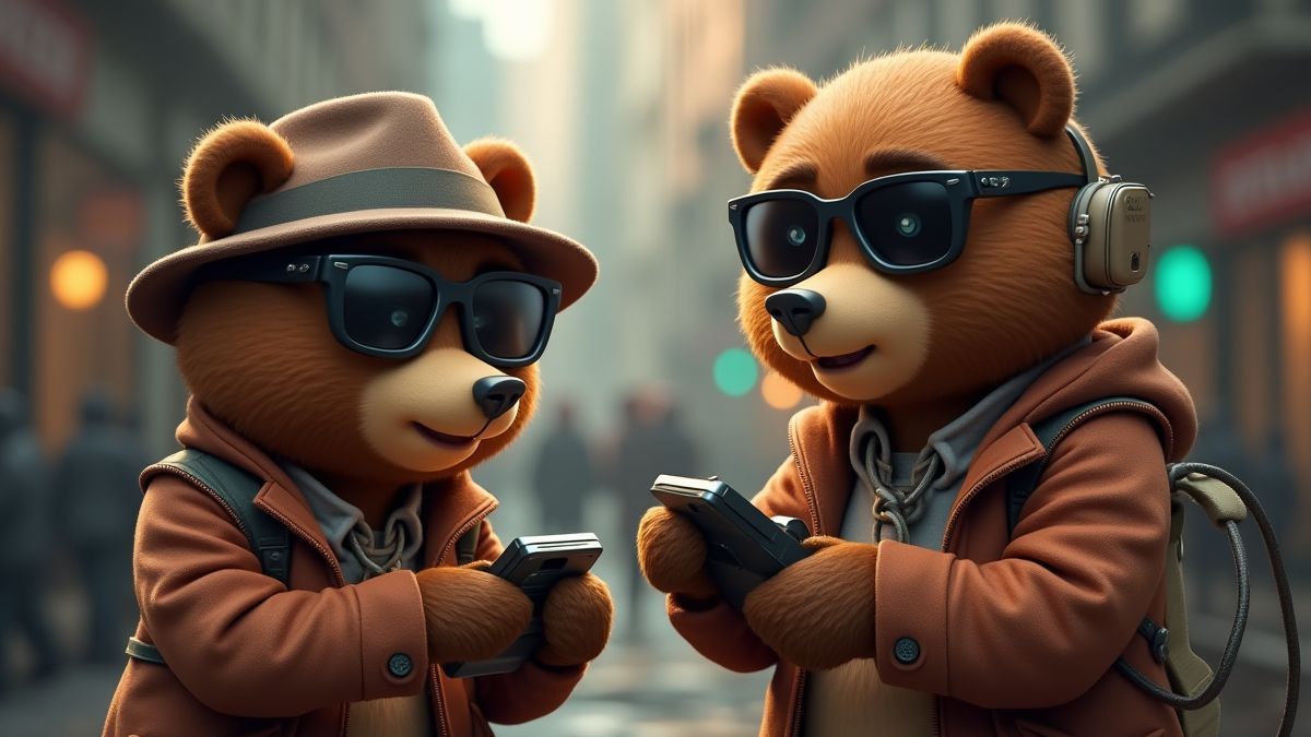 Osos animados vestidos de espías usando dispositivos