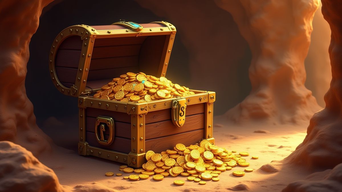 Treasure chest filled with coins and jewels in a desert cave.