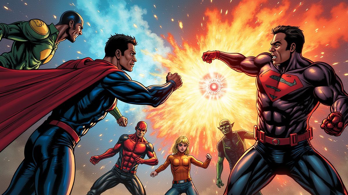 Superhelden en schurken in een actievolle comic scene.