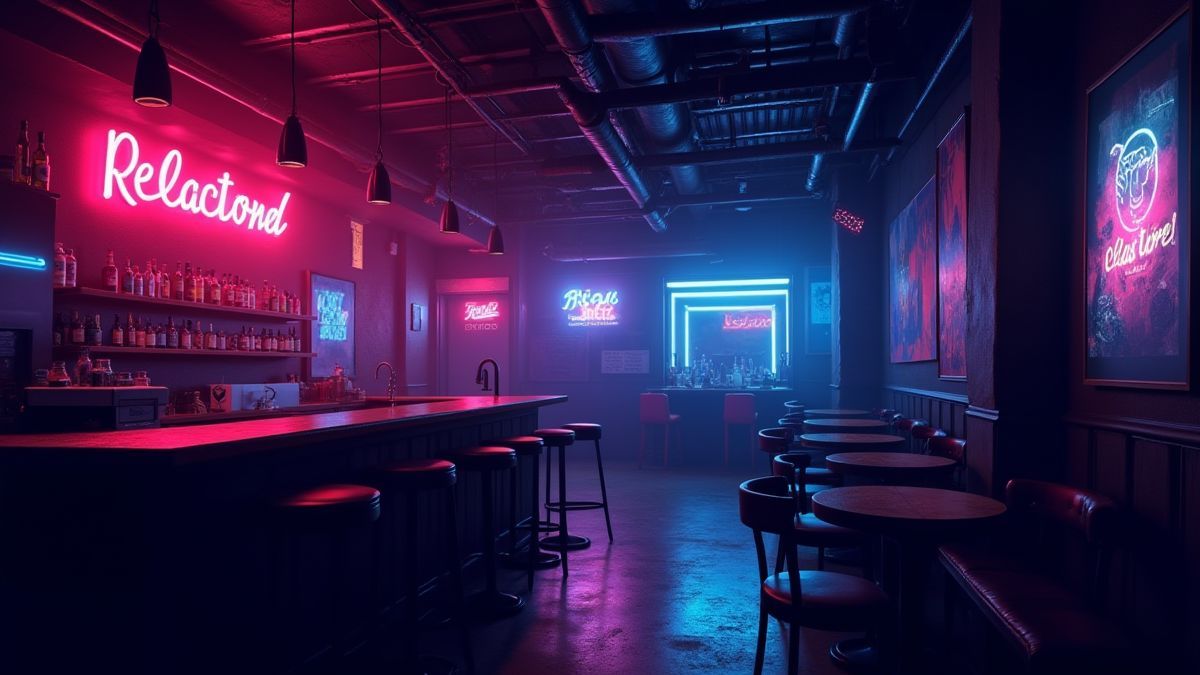 Interior of a club illuminated with neon lights and a mysterious atmosphere.