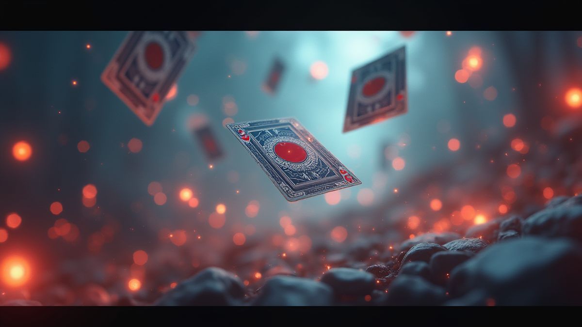 Cards flying in the air with glowing effects.