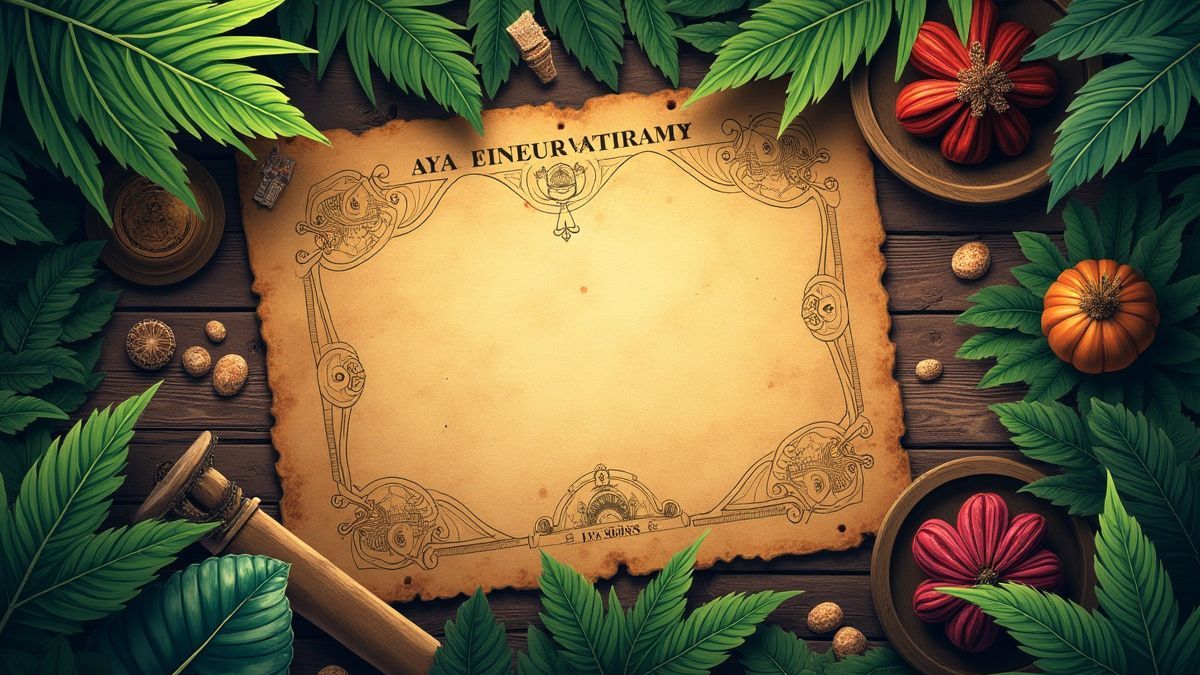 A treasure map surrounded by jungle plants and ancient artifacts.