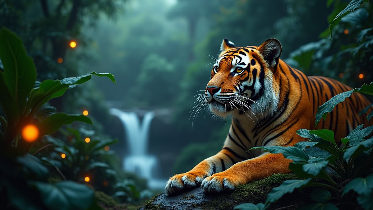 A tiger in a lush jungle setting with glowing plants and waterfalls.