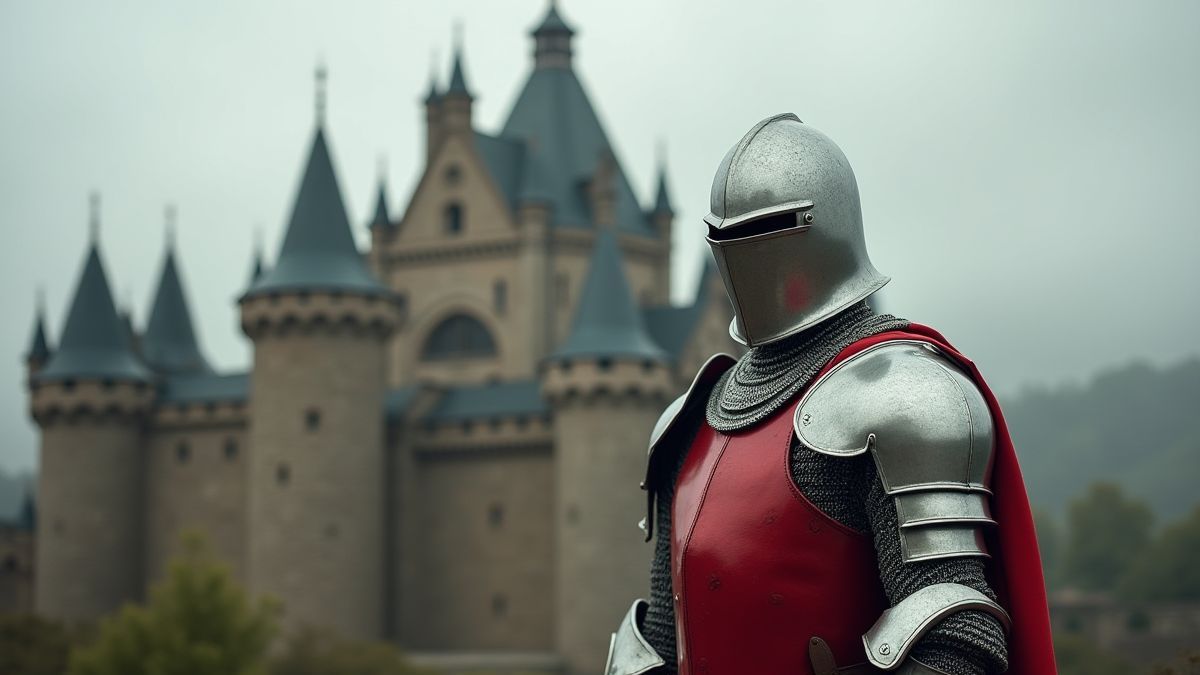 Un chevalier médiéval devant un château.