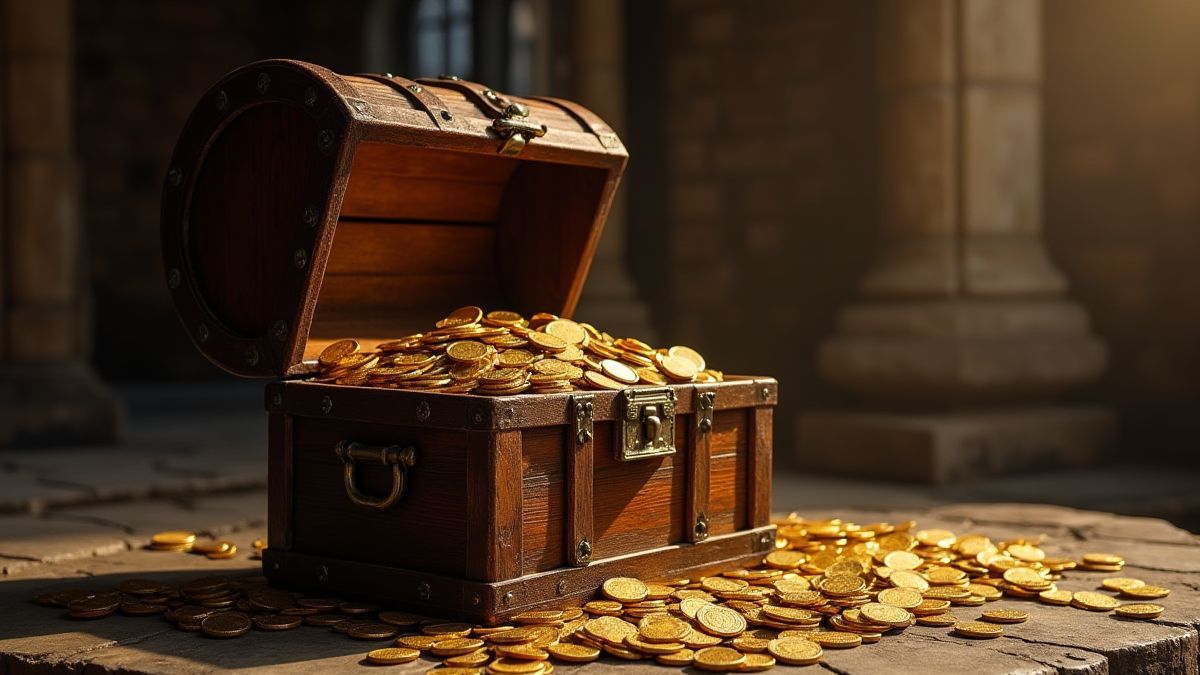 Un coffre au trésor rempli de pièces d'or dans un château médiéval.
