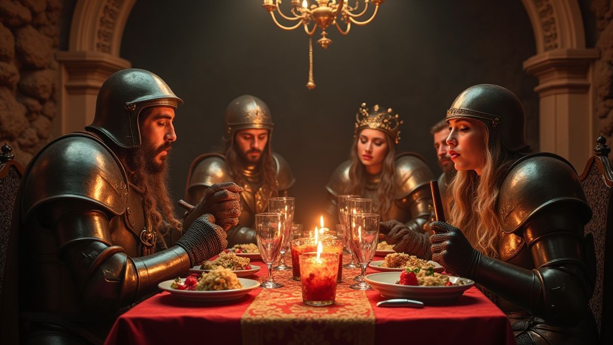 Une scène de banquet médiéval avec des chevaliers et de la royauté.