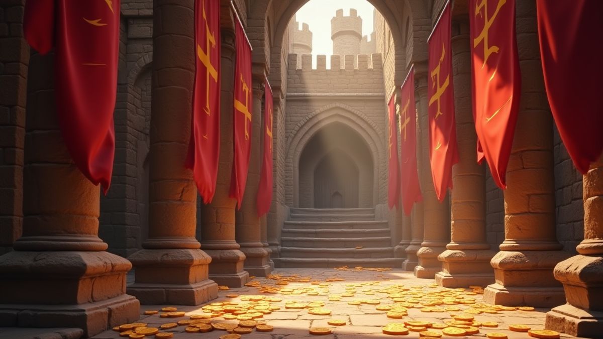 Innenraum eines mittelalterlichen Schlosses mit lebhaften Bannern und verstreuten Goldmünzen.