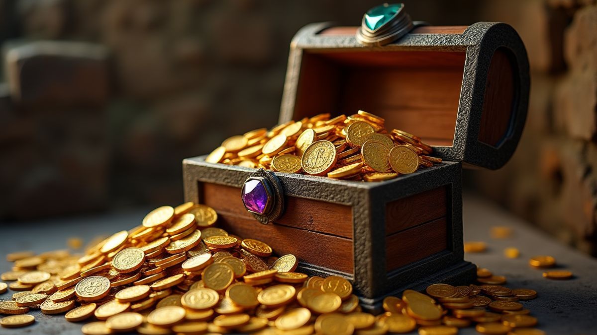 Eine Schatztruhe, die überquillt mit Goldmünzen und Edelsteinen in einer mittelalterlichen Umgebung.
