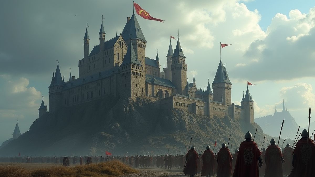 Un castillo medieval bajo un cielo nublado con caballeros y banderas.